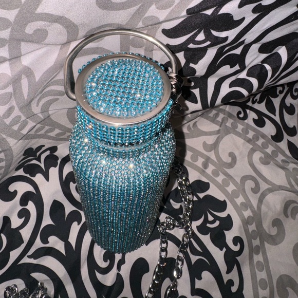 Aqua Blue Rhinestone Stainless Steel Insulated Water bottle w/Detachable Chain - Picture 2 of 3